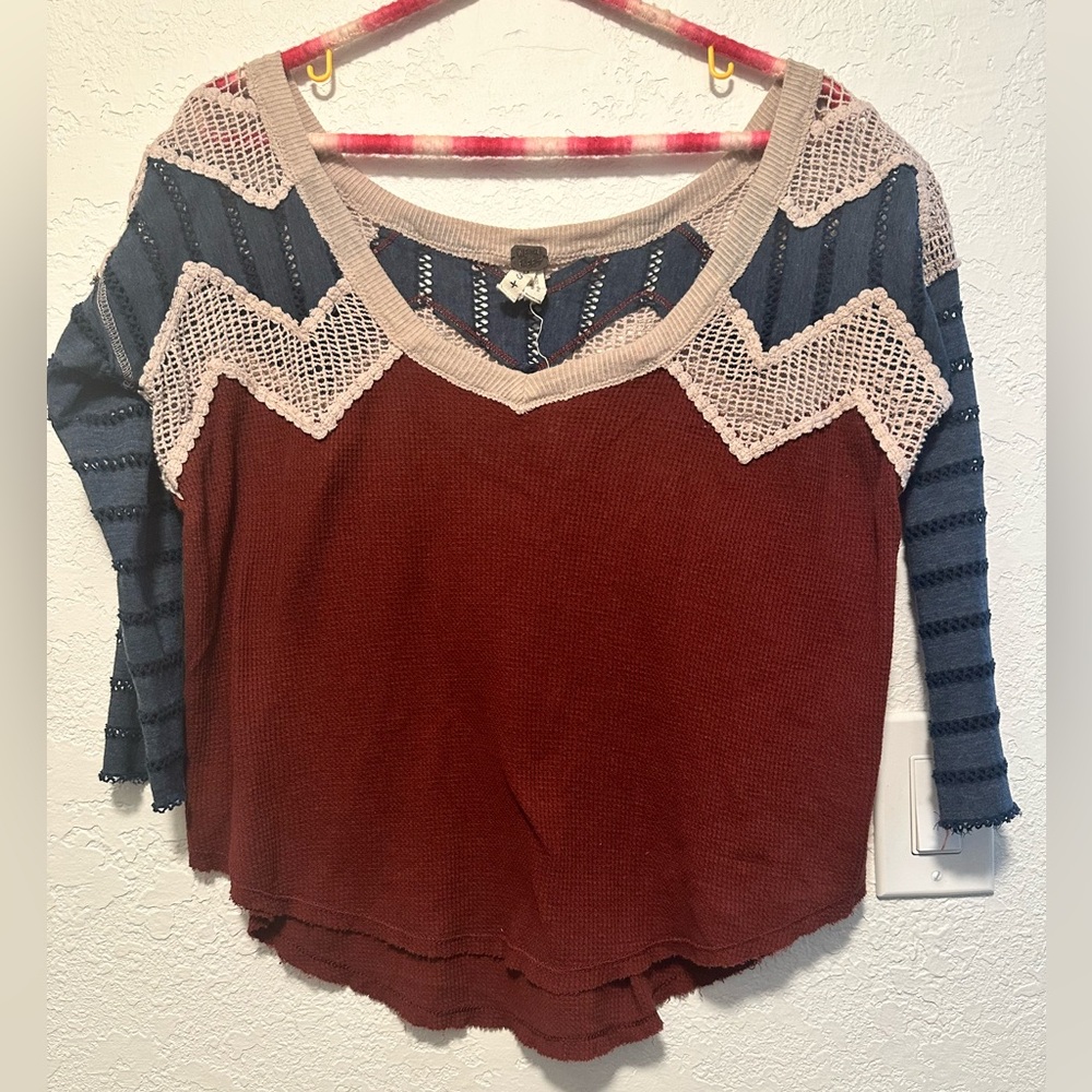We the Free PS P+S+ V neck Crochet Multi Colored Shirt Top